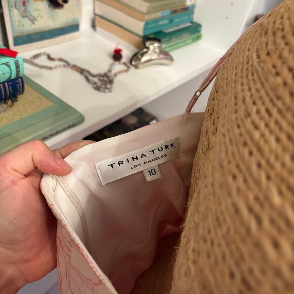 Trina Turk Silk Midi Dress Size 10 Pink White Floral Faux Wrap Adjustable Straps - Picture 6 of 8